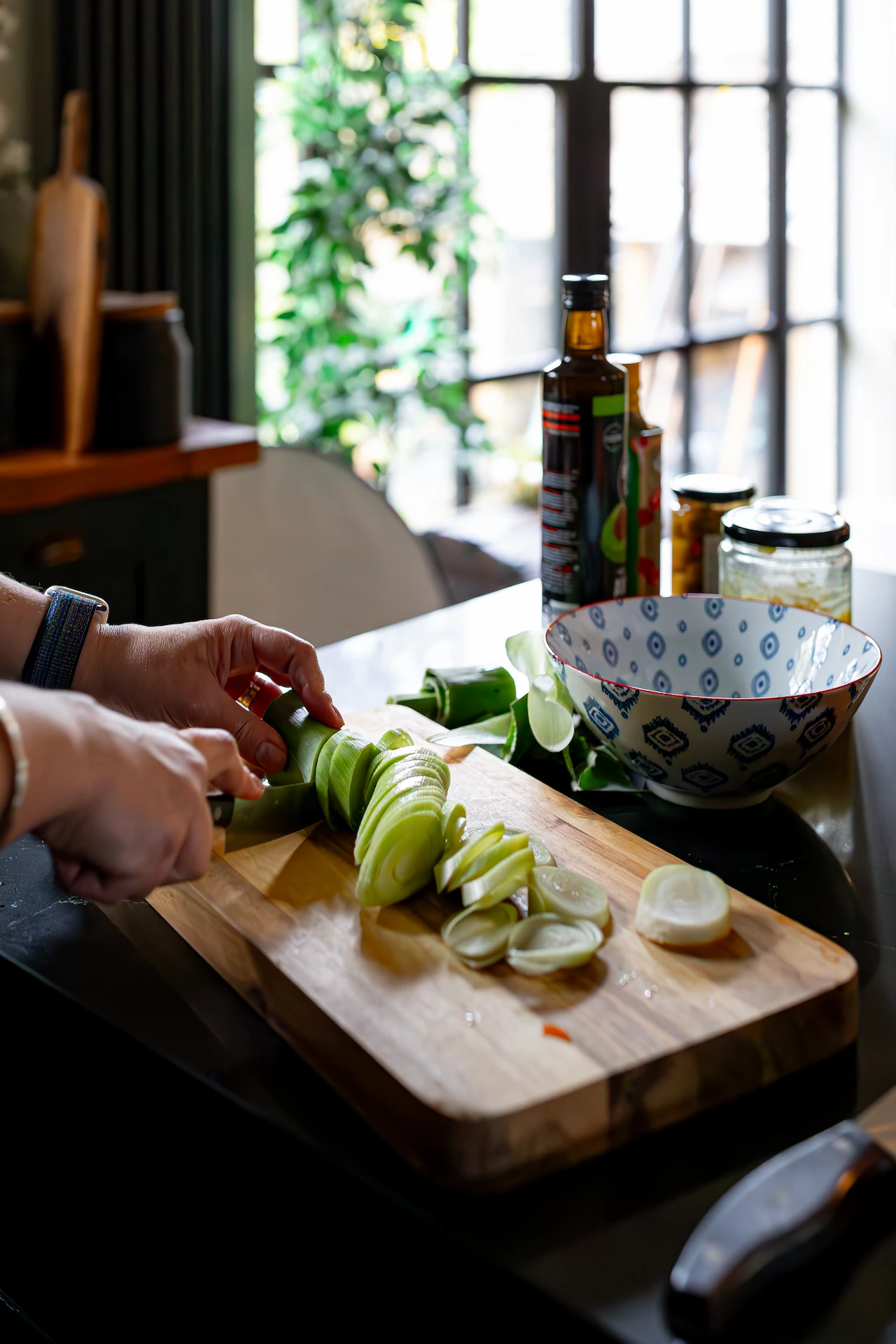 spring onions being cut